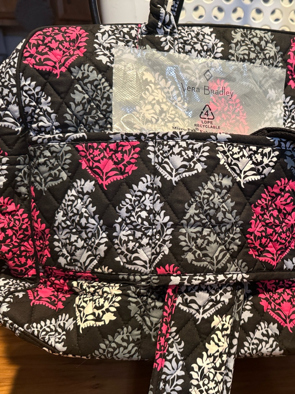 VERA BRADLEY Black Quilted Travel Bag with Pink & Gray Floral Medallions - Picture 2 of 6